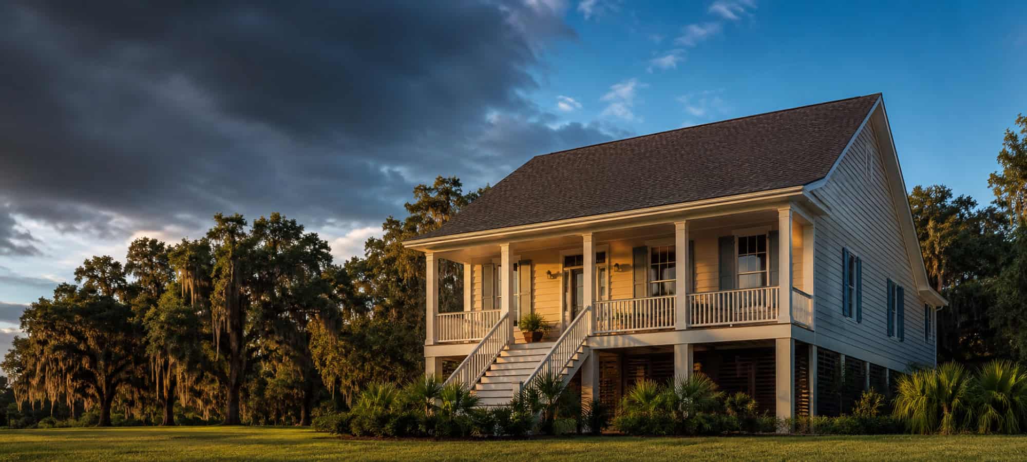A raised Louisiana home with a steep shingled roof and covered porch under a dramatic evening sky.