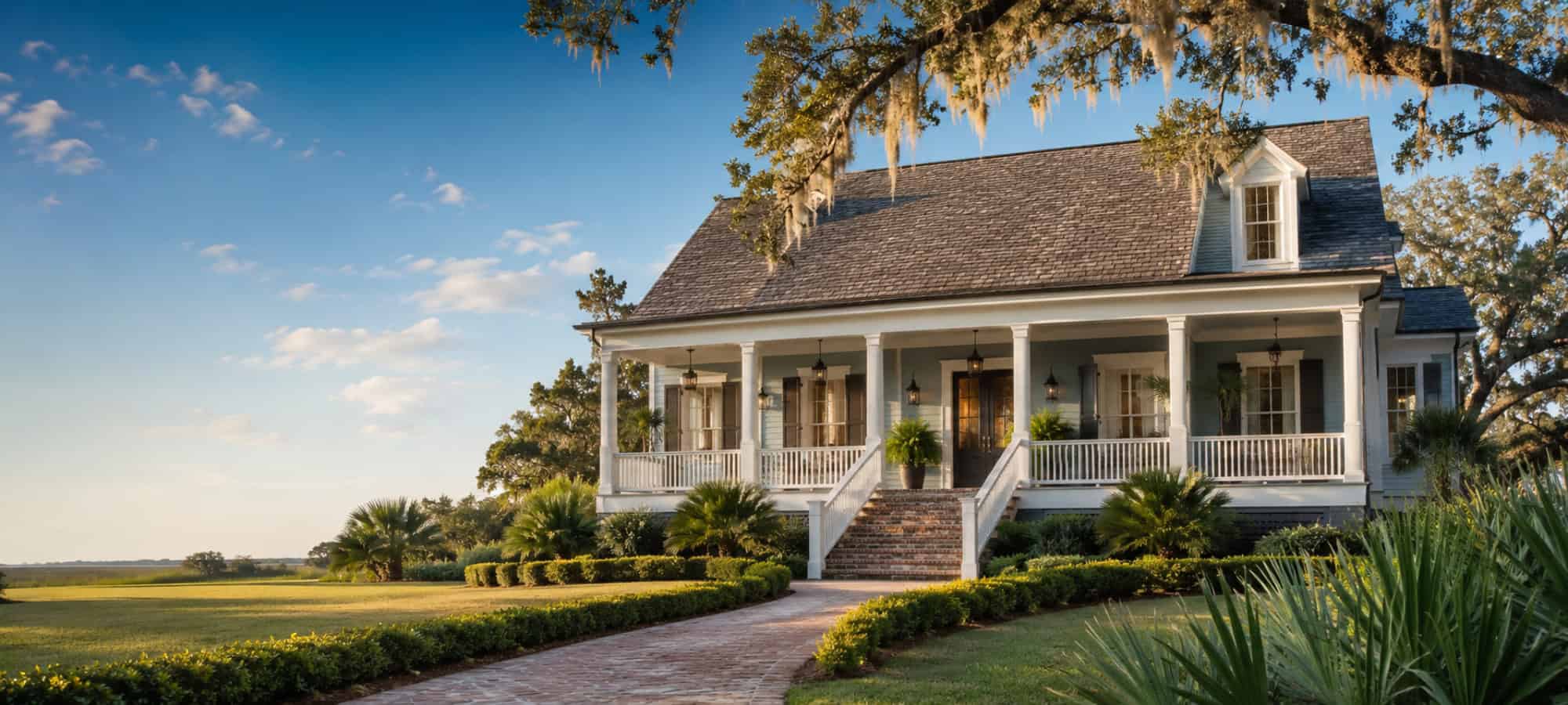 A white Louisiana raised cottage with a full front porch and brick walkway, shaded by a live oak draped in Spanish moss.