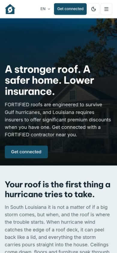 The Louisiana Fortified Homes homepage on a phone.