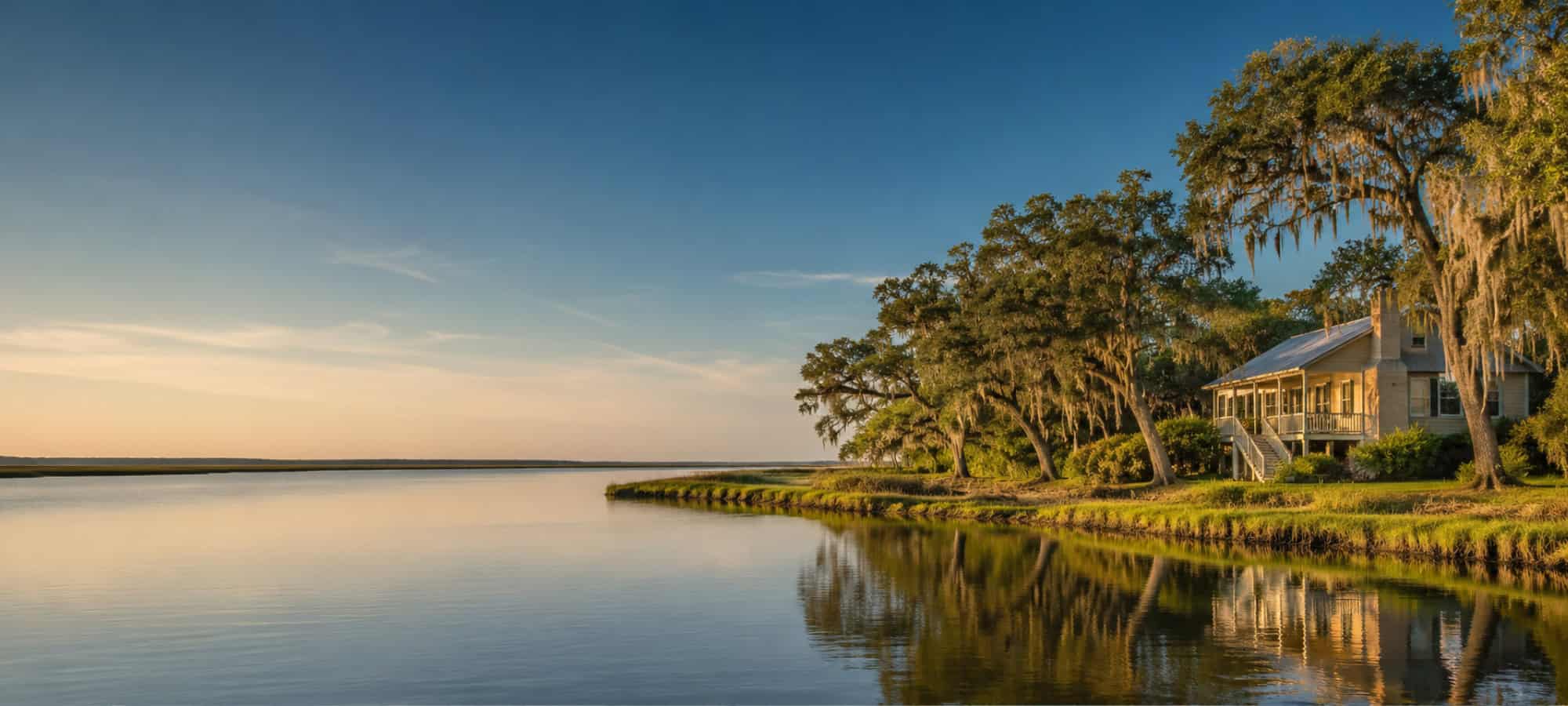 Una casa de Luisiana entre robles cubiertos de musgo a la orilla de un bayou costero en calma.