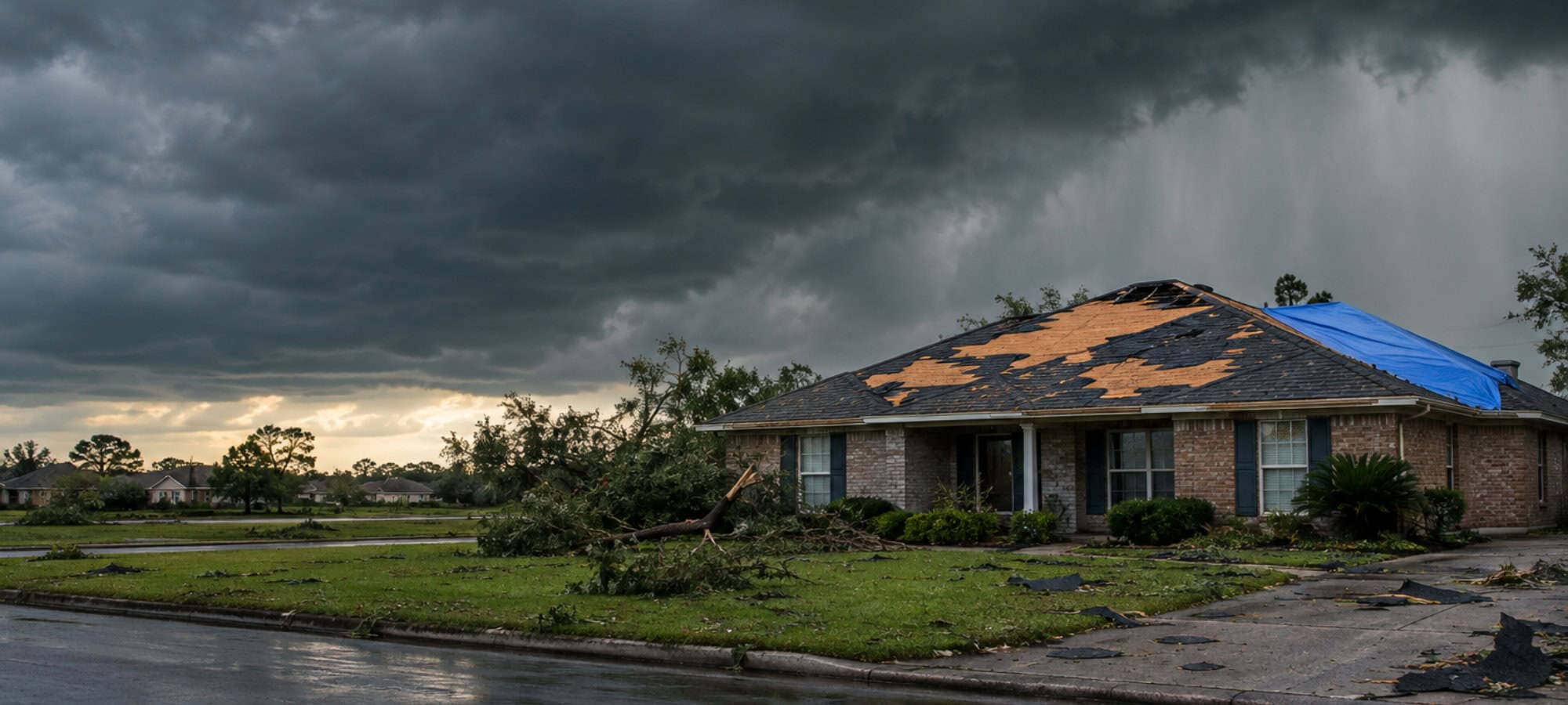 A brick ranch home with storm-torn shingles and a blue tarp on the roof, a fallen tree in the yard, under a dark sky.